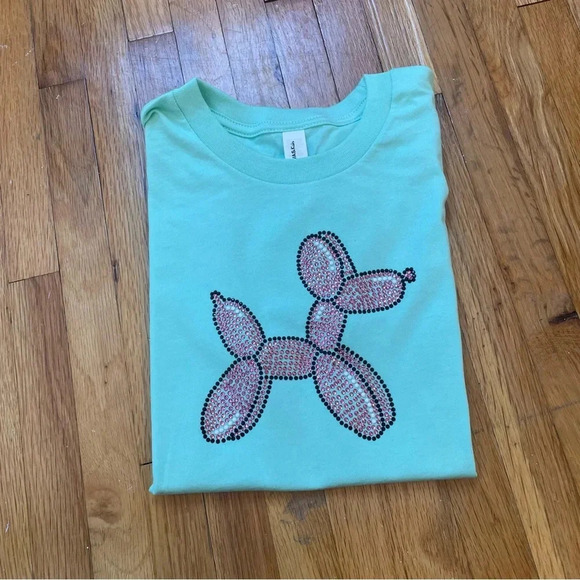 Girls Handmade Mint Green T-Shirt With Pink Rhinestone Balloon Dog Size Medium - Picture 8 of 8